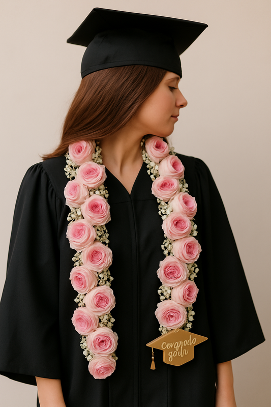 Pink graduation flower necklace – roses with baby’s breath and custom gold ‘Congrats Grad’ tag