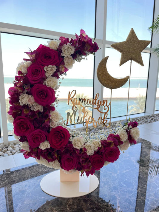 Ramadan Mubarak Crescent Floral Arrangement (Deep Red & White)