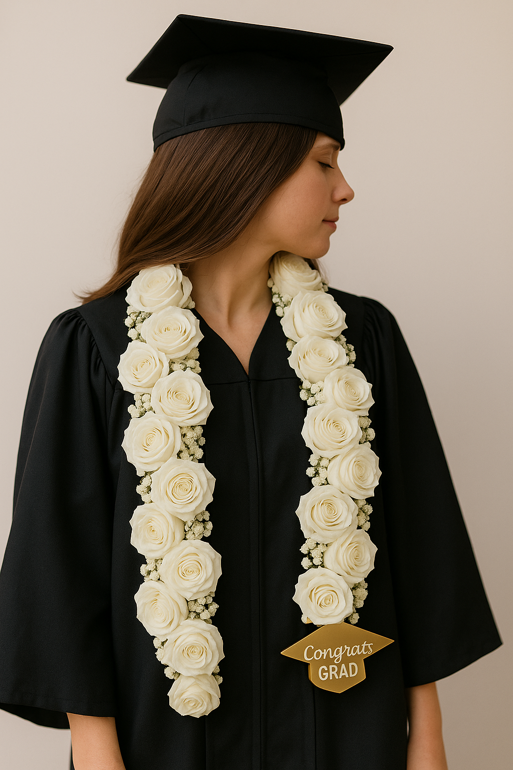 White graduation flower necklace – roses with baby’s breath and custom gold 'Congrats Grad' tag