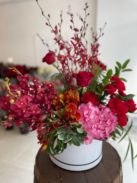 Special red flower arrangement in a box