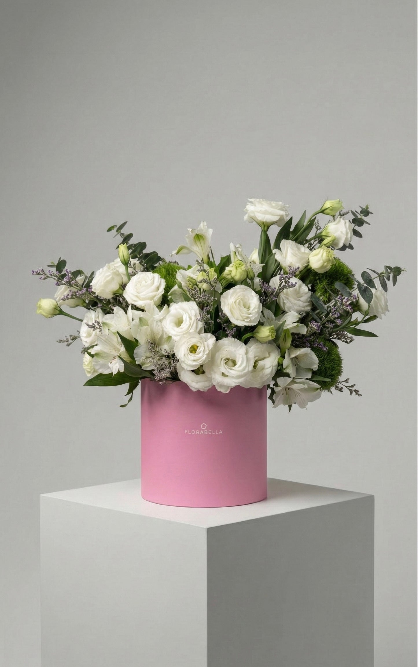 White Flowers in Pink Box