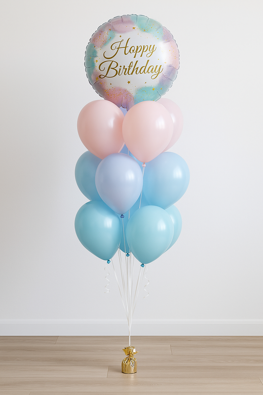 pink and blue birthday balloons
