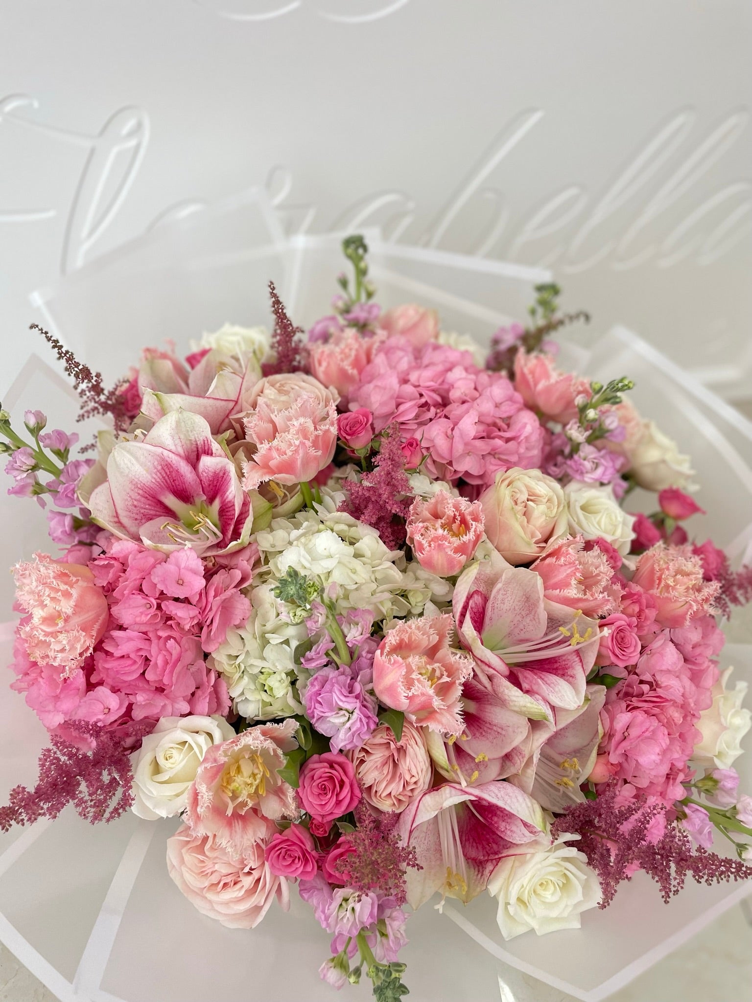A giant bouquet of mixed pink flowers