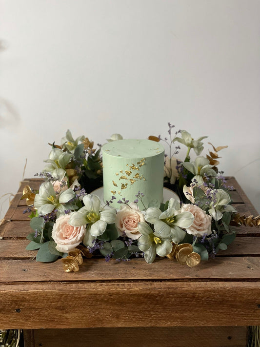 Green tulips with a cake and roses