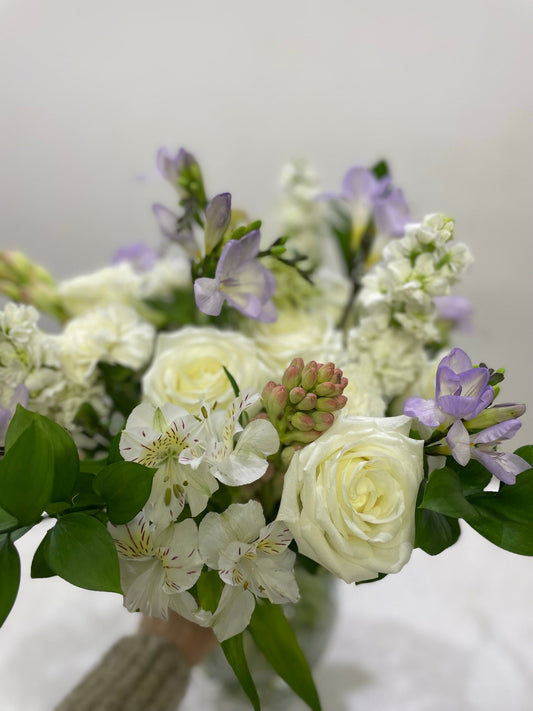 Purple Freesia, white roses