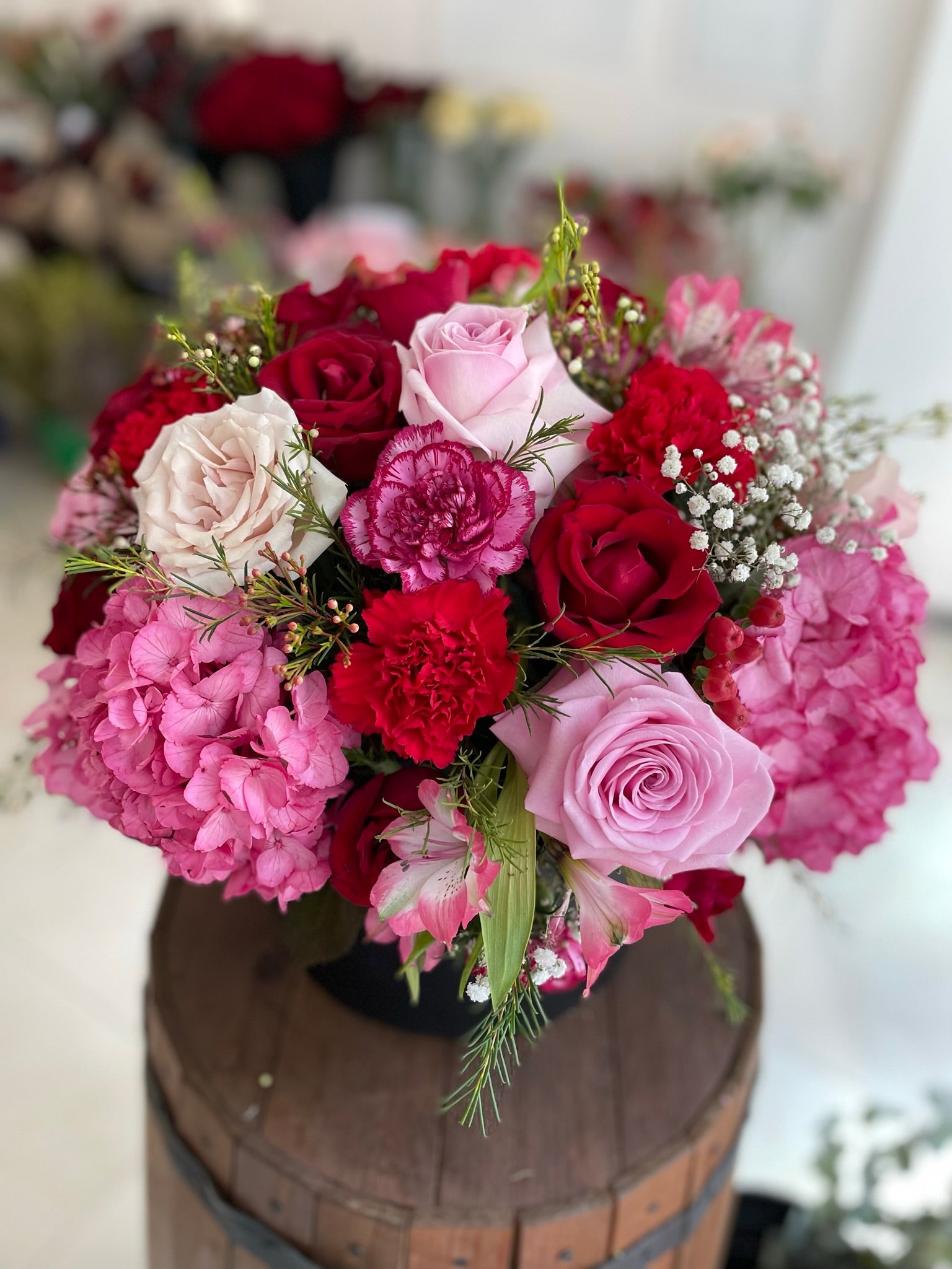 Mixed red, pink and white flowers