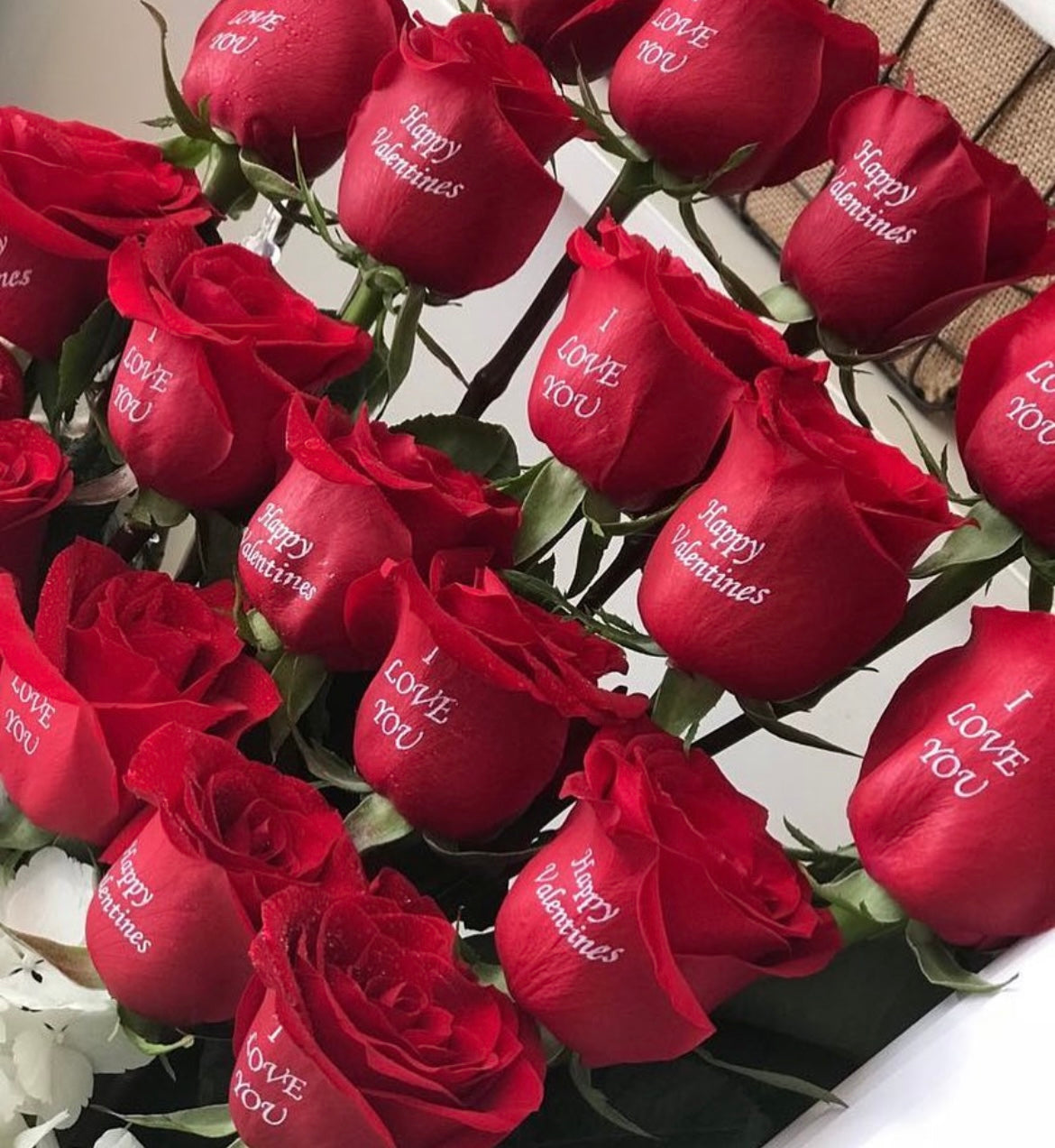 Lovely roses with heartfelt messages such as 'I love you' printed on their petals, a unique and romantic Valentine's Day surprise.
