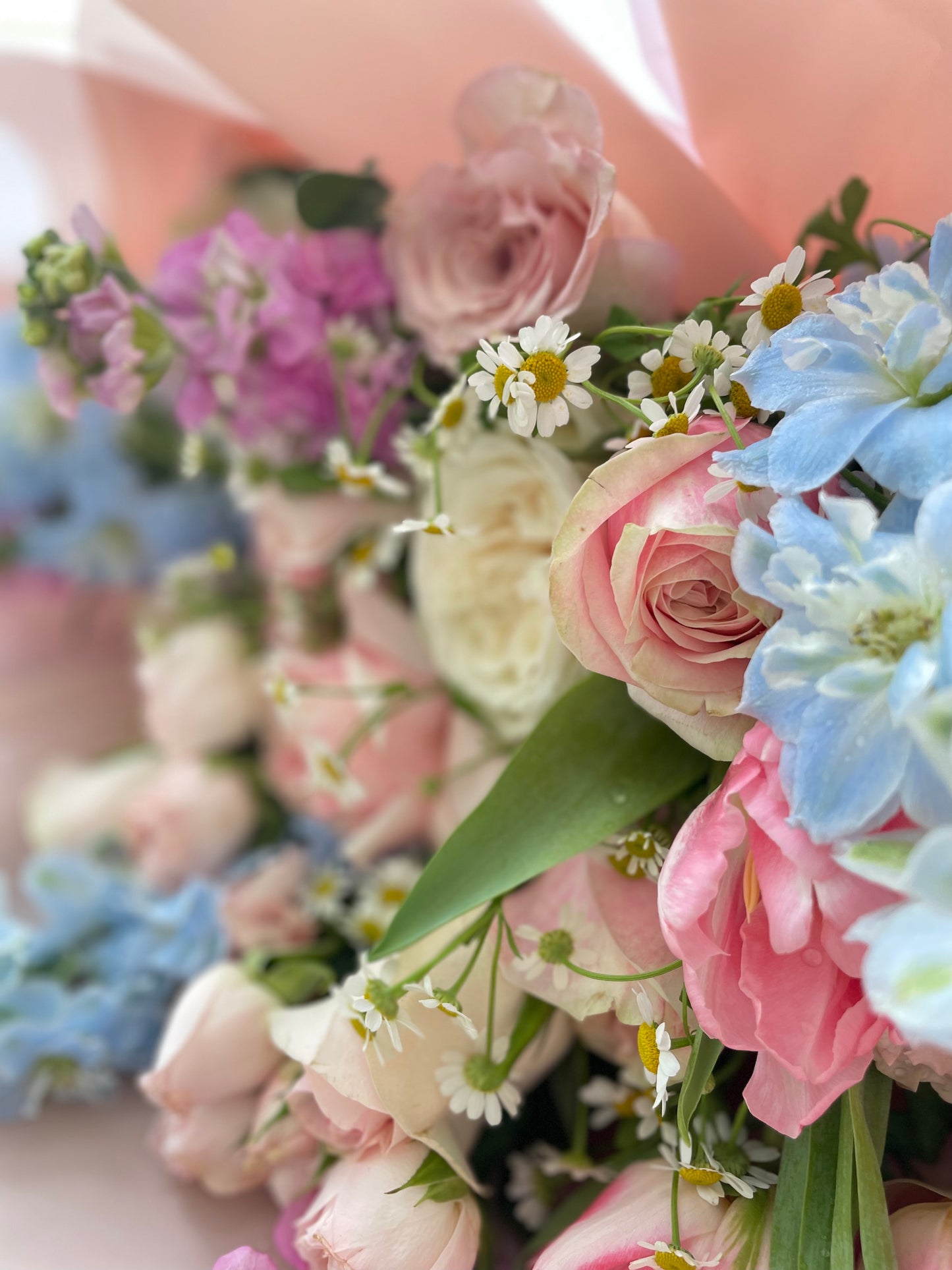 Pastel coloured flowers, baby blue delphinium, tulips and roses
